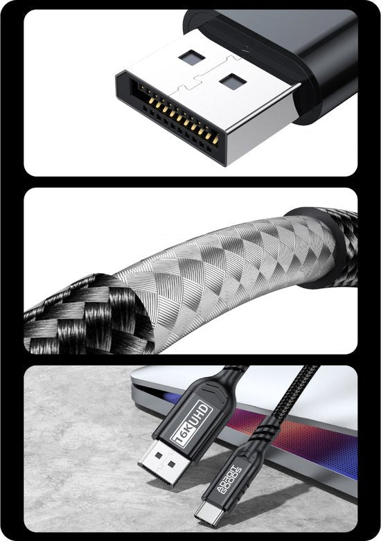 close-up van een duurzame zwarte gevlochten hoogwaardige displayport kabel met 16k 60hz label