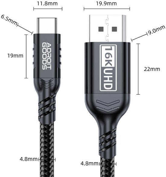 Zwarte gevlochten kabel met USB-C en USB-A connector met afmetingen en 16K UHD label