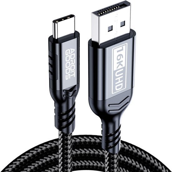 Zwarte hoogwaardige kabel met USB-C en HDMI 16K UHD verbinding en gevlochten buitenkant