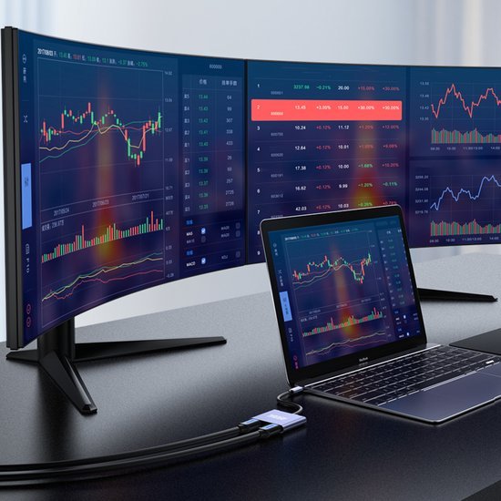 Gebogen monitoren met financiële grafieken naast een laptop op een zwart bureau geplaatst.