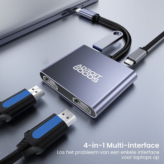 AdroitGoods aluminium multi-interface hub met HDMI, USB en oplaadkabels aangesloten op laptop