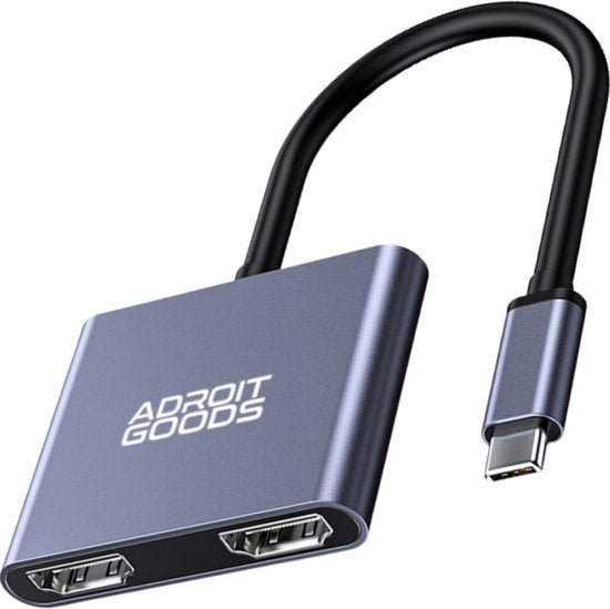 Adapter met USB-C aansluiting en dubbele HDMI-uitgang in een matte grijze kleur