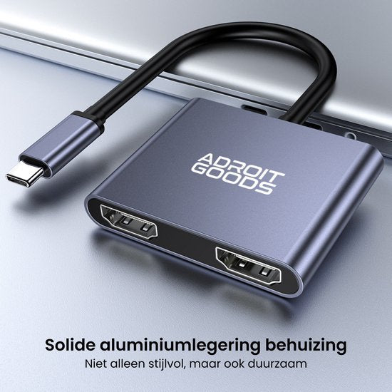 Adapter met USB-C aansluiting en twee HDMI-uitgangen in stevige aluminium behuizing