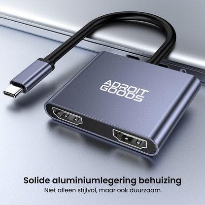 Adapter met USB-C aansluiting en twee HDMI-uitgangen in stevige aluminium behuizing