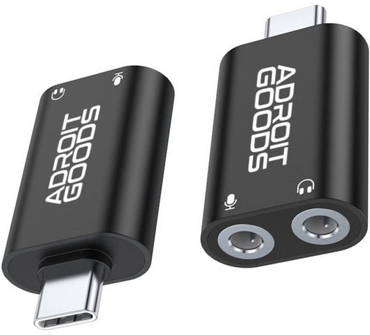 Zwarte AdroitGoods adapter met USB-C-connector en twee audio-uitgangen voor microfoon en koptelefoon