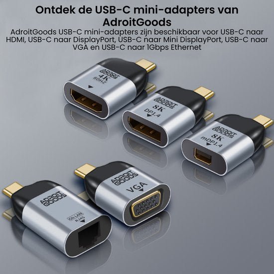 Vijf USB-C mini-adapters van AdroitGoods voor verschillende poorten zoals HDMI, DisplayPort, VGA en Ethernet