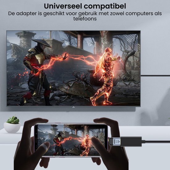 Telefoon verbonden met tv via universele adapter met actief videogamebeeld op beide schermen