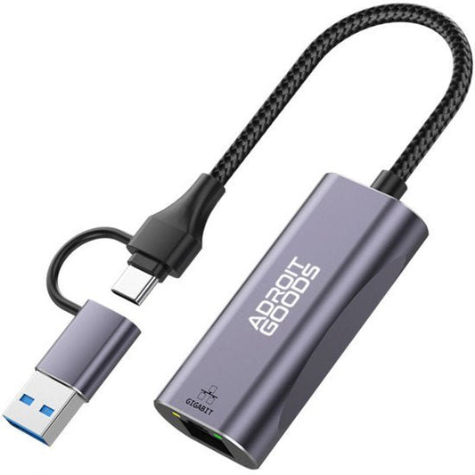 Grijze AdroitGoods USB-C naar Ethernet adapter met afneembare USB-A connector en gevlochten kabel