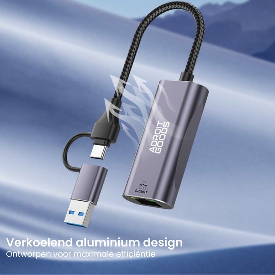 Compact aluminium adapter met USB-C en USB-A aansluitingen en een ademend ontwerp