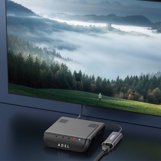 Een ADSL-modem verbonden met een scherm dat een landschap met bossen en mist toont