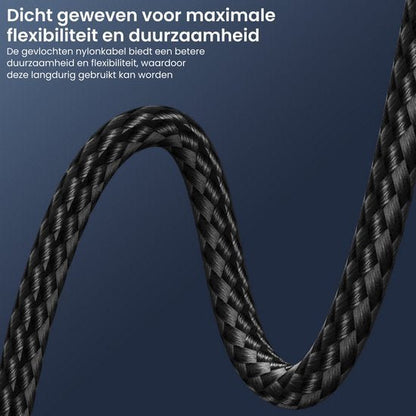 Zwarte gevlochten nylonkabel die flexibiliteit en duurzaamheid biedt voor langdurig gebruik.
