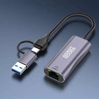 Zilverkleurige AdroitGoods USB-C naar Ethernet adapter met gevlochten kabel en USB 3.0 aansluiting