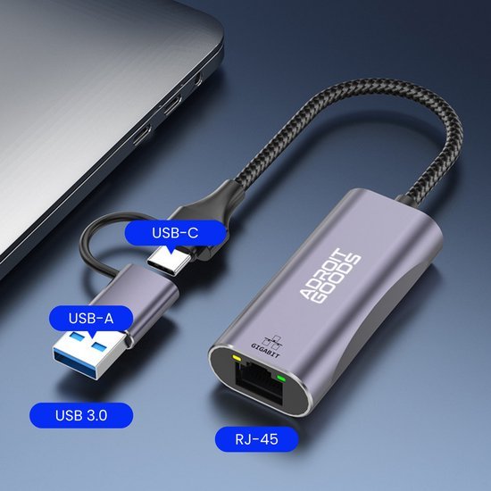 AdroitGoods netwerkadapter met USB-C, USB-A en RJ-45 poorten, geschikt voor laptopgebruik
