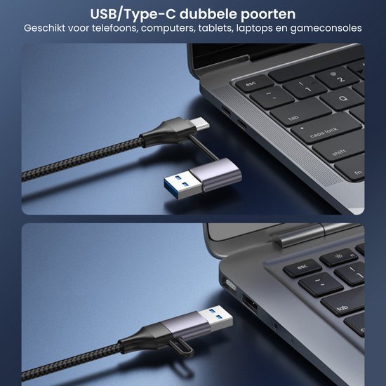 Twee kabels met USB en Type-C connectoren aansluiten op laptoppoort met zwart kabelontwerp