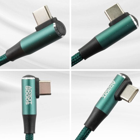 Groene haakse USB-C-kabel met gevlochten bekleding en metalen behuizing van AdroitGoods.