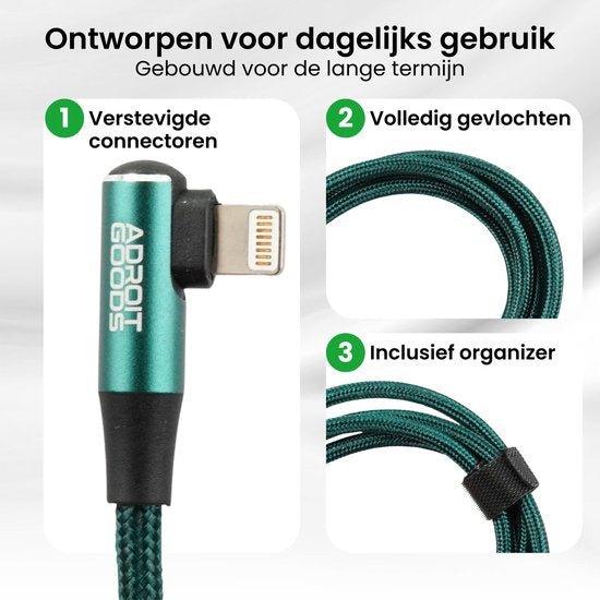 Groene gevlochten kabel met versterkte connector en organizer voor dagelijks gebruik