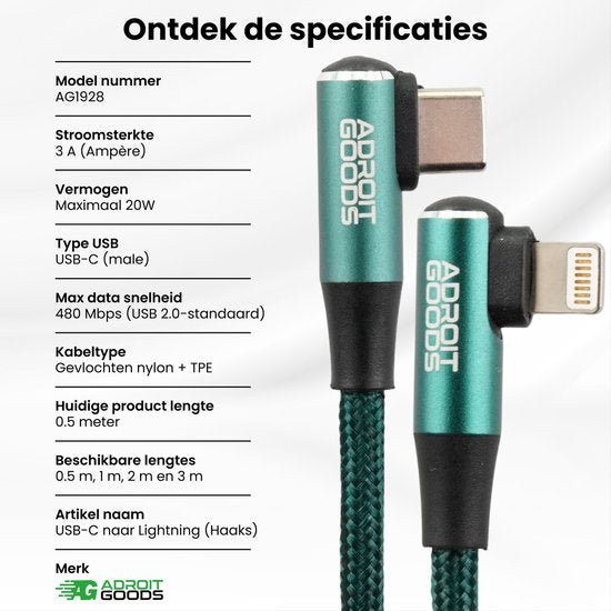 USB-C naar Lightning kabel met haakse connector en gevlochten nylon omhulsel in groen zwart