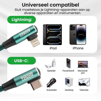 Close-up van universele kabels met Lightning en USB-C aansluitingen en compatibele apparaten