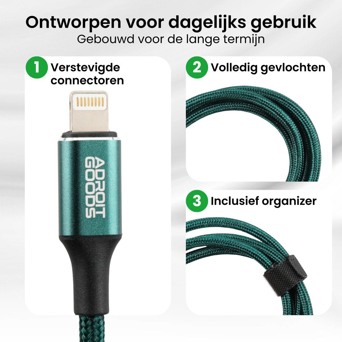 Detail van een gevlochten groene oplaadkabel met versterkte connector en organizer bandje