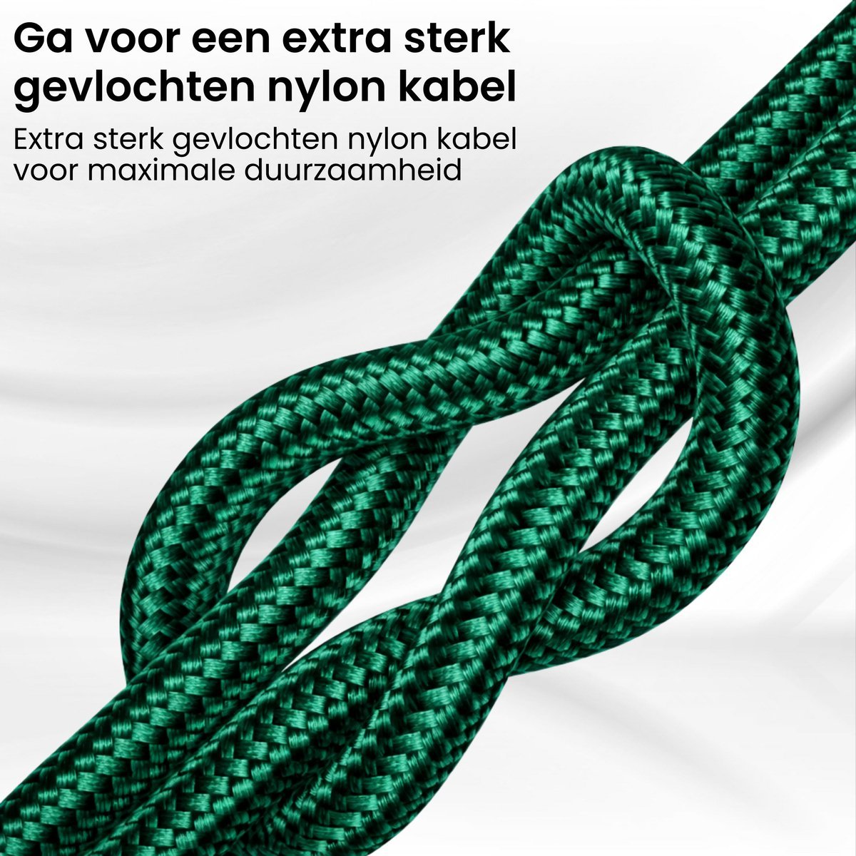 Groen gevlochten nylon kabel met knoop, benadrukt duurzaamheid en extra sterkte.