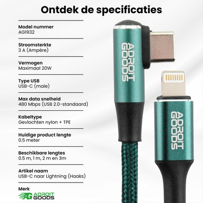 Groen nylon kabel met USB-C en Lightning connectoren, haakse aansluiting, AdroitGoods logo zichtbaar