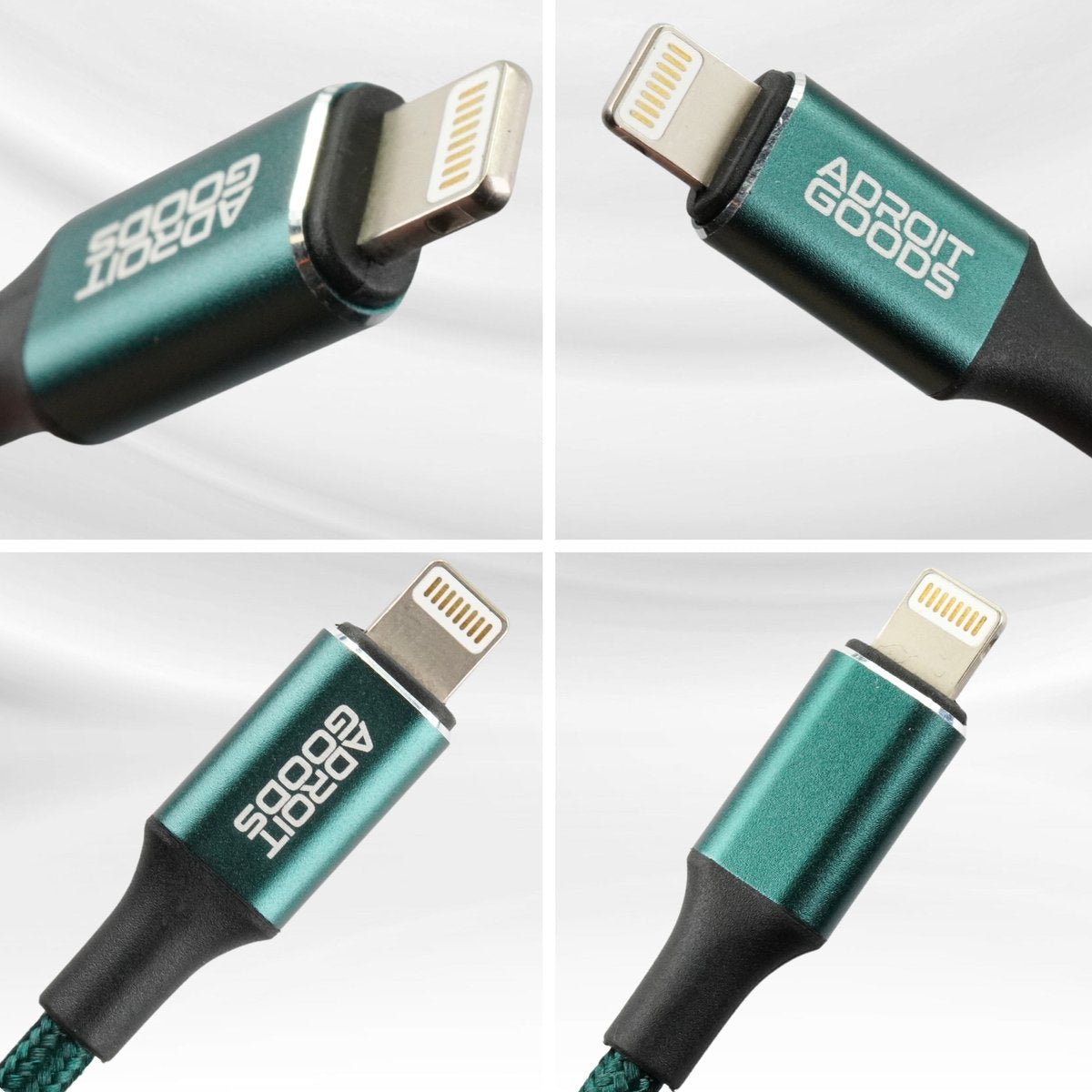 Groene metalen kabelconnector met zwart omhulsel en AdroitGoods logo zichtbaar vanuit verschillende hoeken