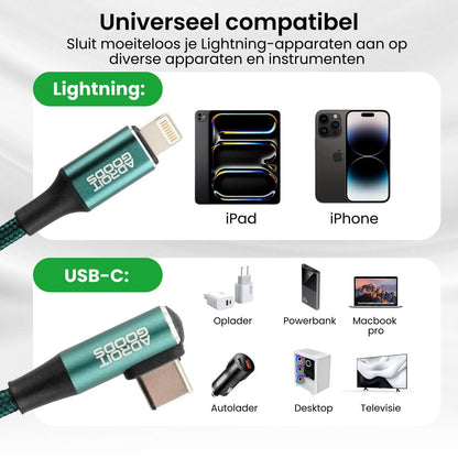 Universele kabel met lightning en usb-c connectoren voor diverse apparaten zoals iPad en Macbook