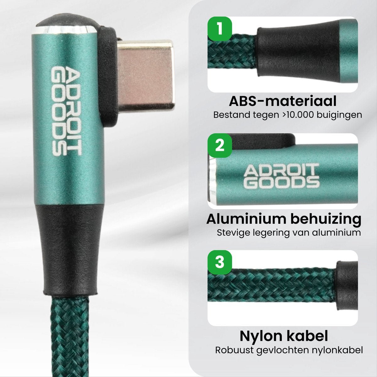 Groene kabel met hoekige USB-C stekker, aluminium behuizing en gevlochten nylondraad