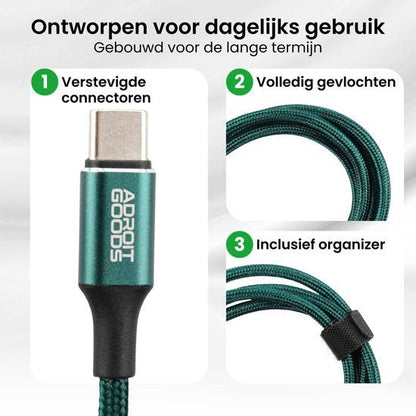 USB-C kabel met versterkte connector, gevlochten ontwerp en organizer voor dagelijks gebruik