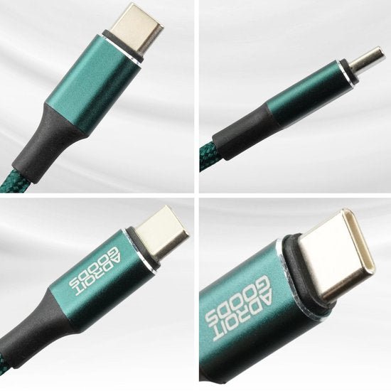 groene AdroitGoods kabel met USB-C aansluitingen en geweven buitenlaag zichtbaar in vier close-ups