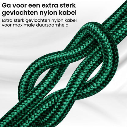 Groen gevlochten nylon kabel met sterke knoop voor maximale duurzaamheid en stevigheid.