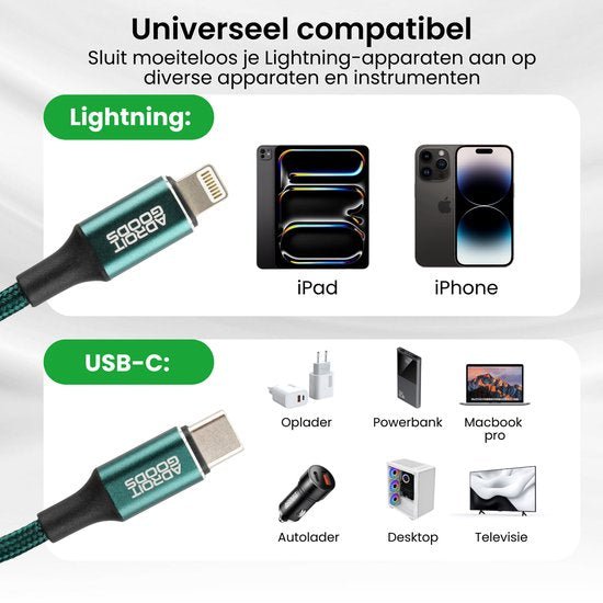 Verbindingskabels voor Lightning en USB-C met compatibiliteit voor diverse apparaten.