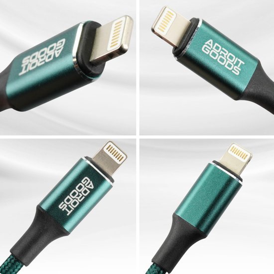 groene gevlochten kabel met metalen connector en witte pinnetjes close-up weergave