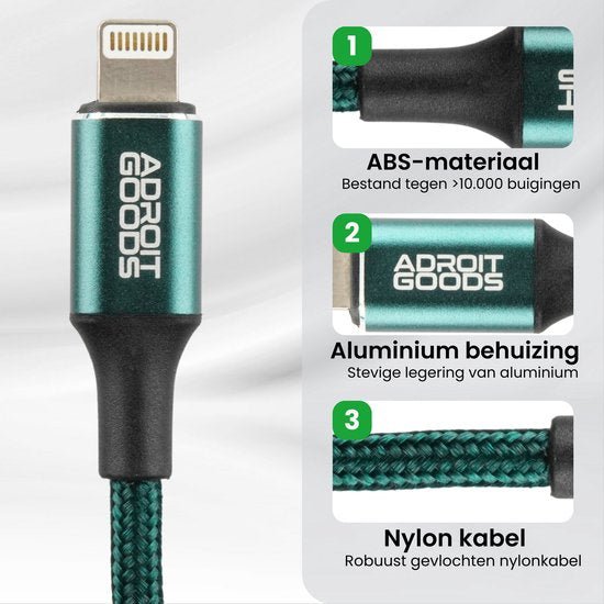 Duurzame oplaadkabel met ABS, aluminium behuizing en gevlochten nylon kabel in groen.