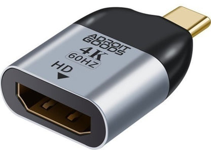 kleine AdroitGoods adapter in zilver en zwart voor 4K 60Hz video met USB-C aansluiting