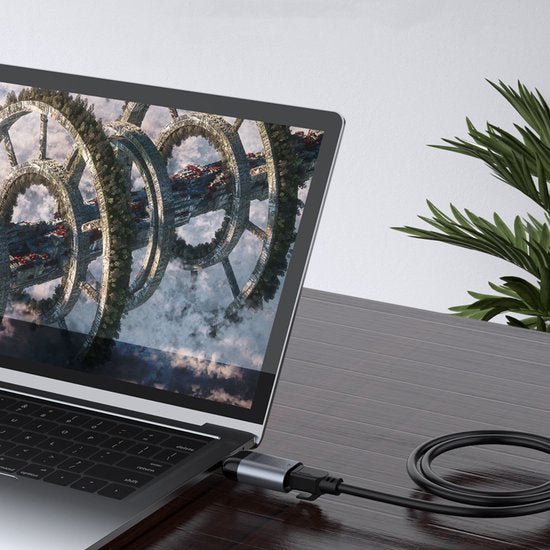 Laptop met een fantasy beeldscherm en aangesloten oplaadkabel op een houten bureau met plant naast.