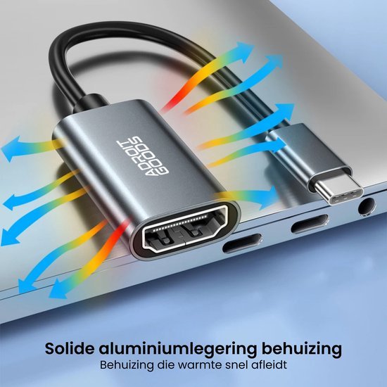 Zwarte USB-C naar HDMI adapter met aluminium behuizing voor snelle warmteafvoer