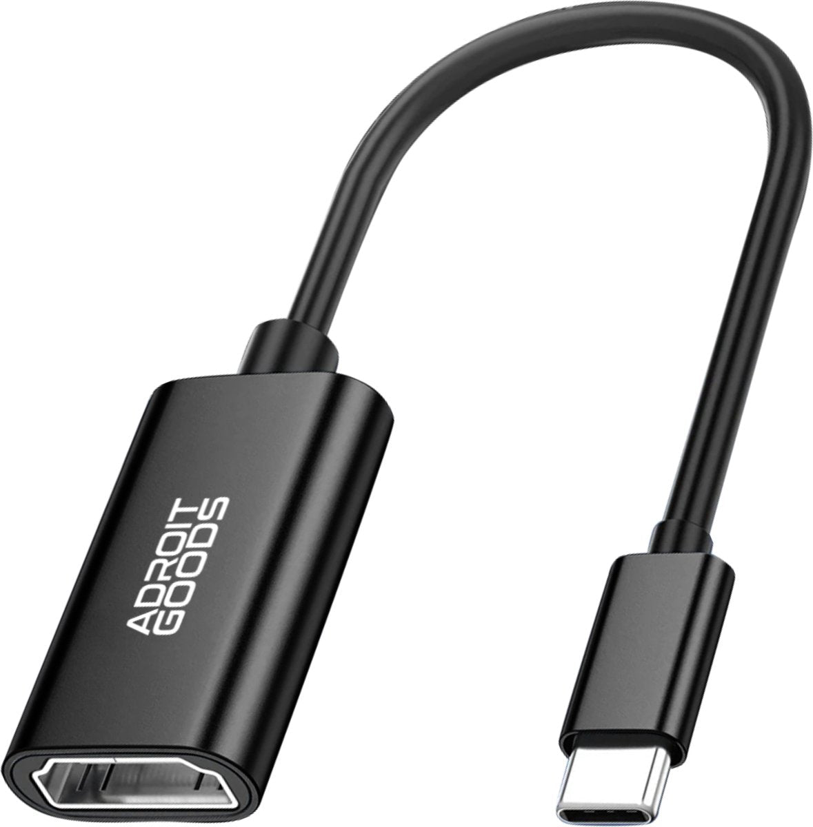 Zwarte adapterkabel met USB-C aansluiting en aansluitstuk met Adroit Goods logo zichtbaar