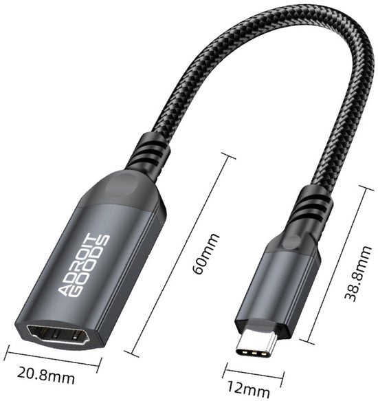 Zwarte kort kabeladapter met USB-C mannetje en HDMI vrouwtje en afmetingen zichtbaar