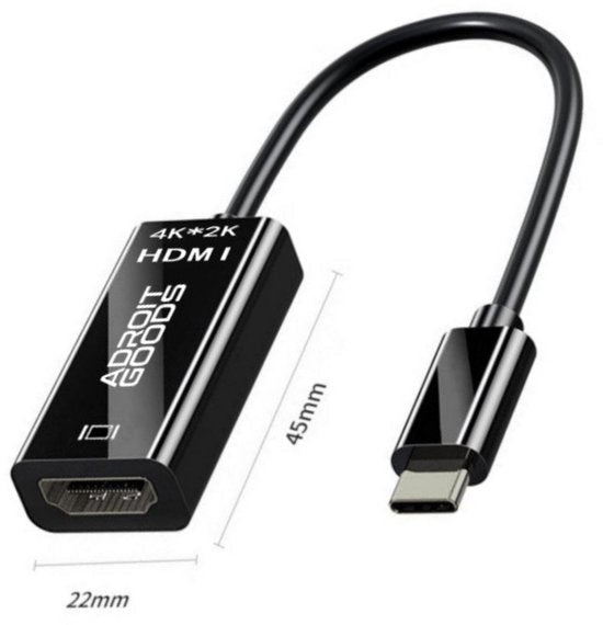Zwarte USB-C naar HDMI adapter met 4K 2K ondersteuning en logo van AdroitGoods