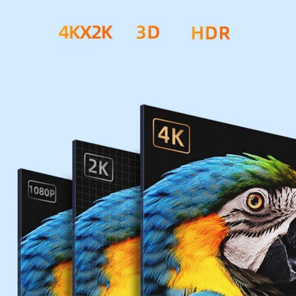 Drie schermen naast elkaar met verschillende resoluties en een kleurrijke papegaai in 4K kwaliteit.