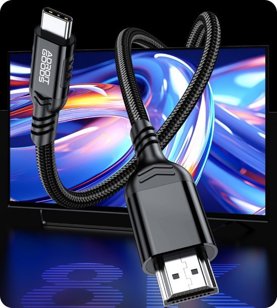 Zwart gevlochten HDMI-kabel met USB-C- en HDMI-connectoren voor beeldschermverbindingen