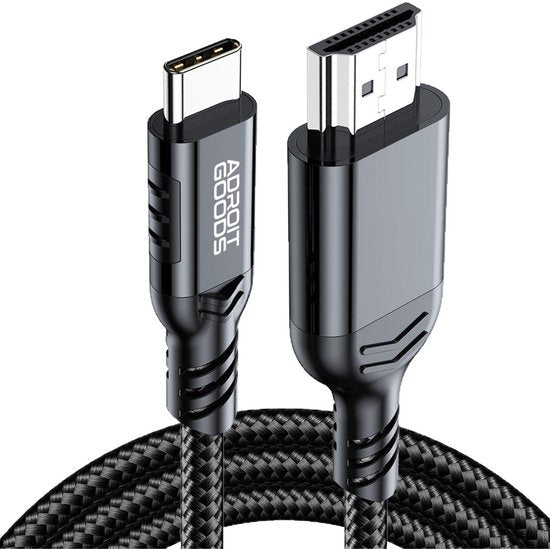 gezwart gevlochten kabel met usb-c stekker en hdmi connector close-up foto