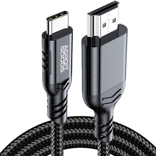 gezwart gevlochten kabel met usb-c stekker en hdmi connector close-up foto