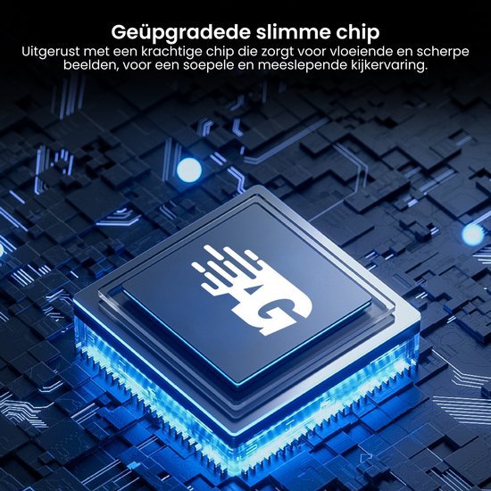 Zwarte computerchip met blauw licht en geavanceerde technologie voor vloeiende beelden.