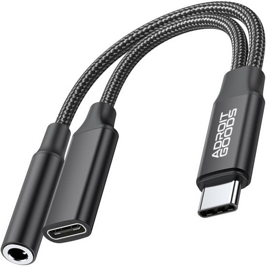 Zwarte gevlochten USB-C naar 3,5 mm audio en USB-C adapterkabel van AdroitGoods