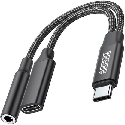 Zwarte gevlochten USB-C naar 3,5 mm audio en USB-C adapterkabel van AdroitGoods