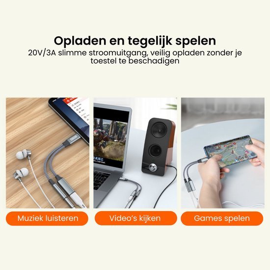 Oplaadkabel met multifunctioneel gebruik voor muziek, video’s en games tegelijk spelen en opladen