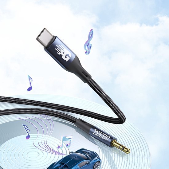 Zwarte gevlochten kabel met USB-C en 3,5 mm audio aansluiting en muzieknoten eromheen