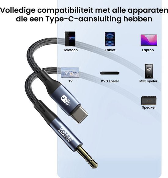 AdroitGoods kabel met Type-C en 3,5mm aansluiting, compatibel met diverse apparaten zoals telefoon en laptop